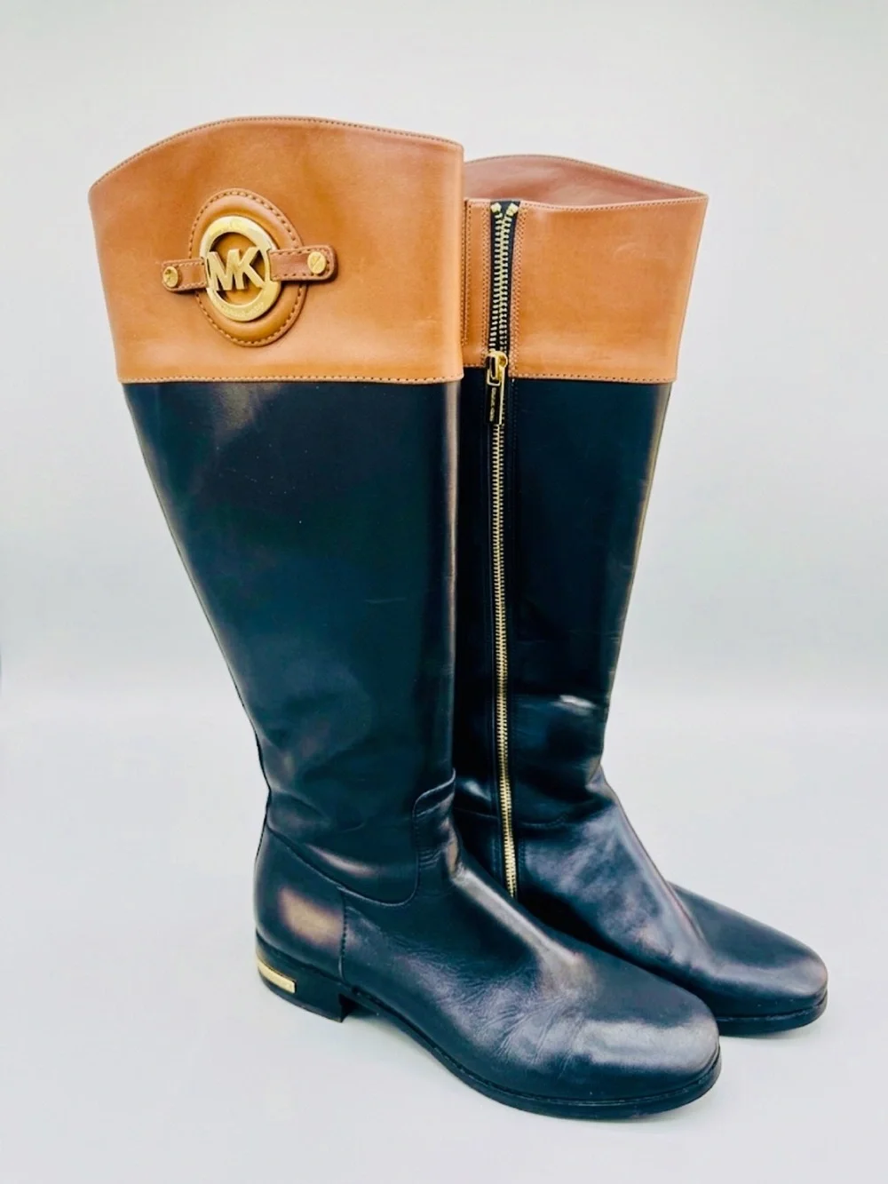 Michael Kors Two-Tone Black Brown Leather Riding Boots Size 8.5 (17.5